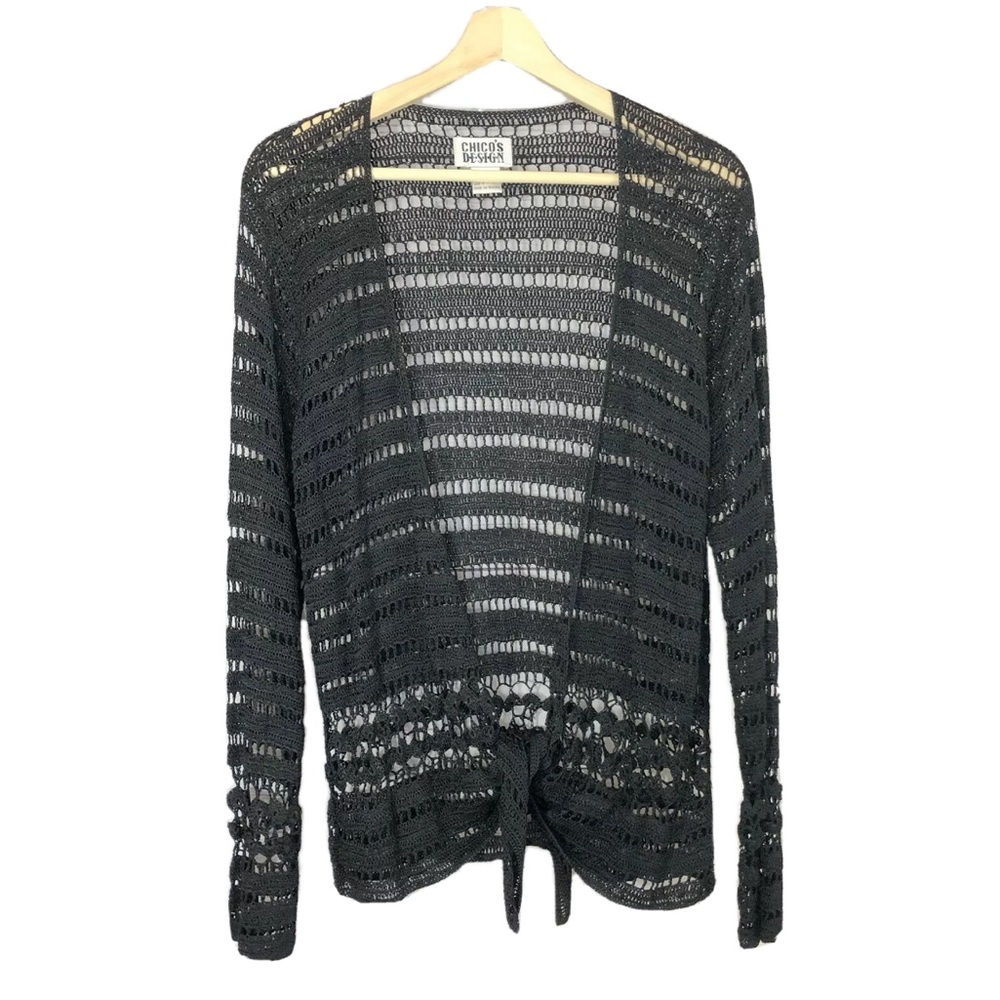 Chicos Open Knit Tie Front Sweater Cardigan Black Sz M
